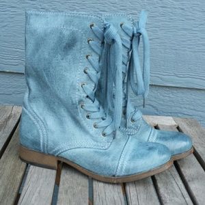 Light Blue Denim Washed Lace Up Boots